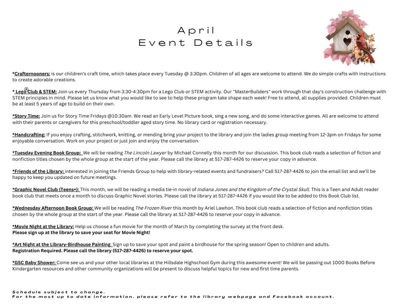 April Event Calendar (page 2 of 2)